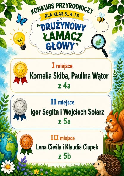 Zdjęcie do  Konkurs Przyrodniczy &bdquo;Drużynowy Łamacz Głowy&rdquo; rozstrzygnięty! 
