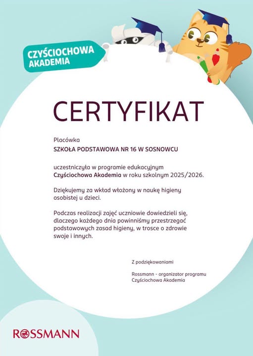 Zdjęcie do Certyfikat za udział w programie Czyściochowa Akademia!